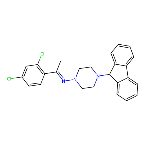 N-[(1E)-1-(2,4-dichlorophenyl)ethylidene]-4-(9H-fluoren-9-yl)piperazin-1-amine structure
