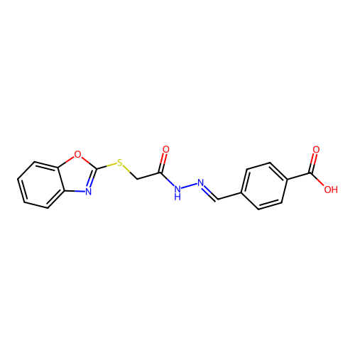 4-[(E)-[[2-(1,3-benzoxazol-2-ylsulfanyl)acetyl]hydrazinylidene]methyl]benzoic acid structure