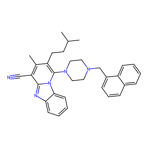 3-methyl-2-(3-methylbutyl)-1-[4-(naphthalen-1-ylmethyl)piperazin-1-yl]pyrido[1,2-a]benzimidazole-4-carbonitrile structure