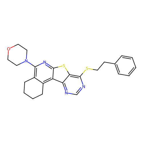 4-(8-(phenethylthio)-1,2,3,4-tetrahydropyrimido[4',5':4,5]thieno[2,3-c]isoquinolin-5-yl)morpholine structure