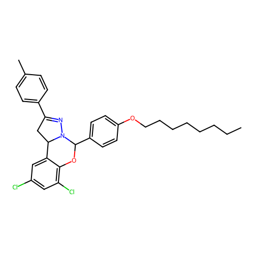 1-[2,4-dichloro-9-(4-methylphenyl)(6H,10aH-benzo[e]2-pyrazolino[1,5-c]1,3-oxaz in-6-yl)]-4-octyloxybenzene structure