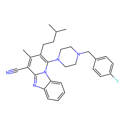 1-[4-(4-fluorobenzyl)piperazin-1-yl]-3-methyl-2-(3-methylbutyl)pyrido[1,2-a]benzimidazole-4-carbonitrile structure