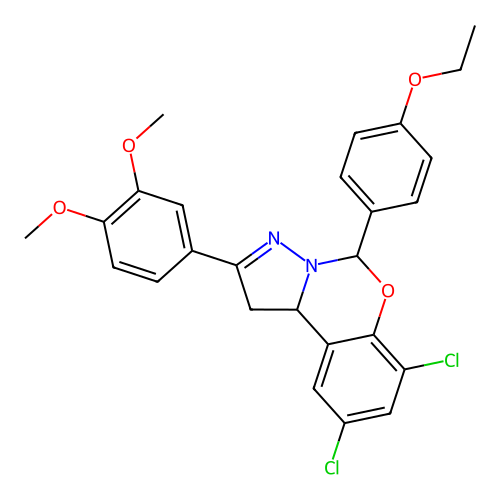 7,9-dichloro-2-(3,4-dimethoxyphenyl)-5-(4-ethoxyphenyl)-1,10b-dihydropyrazolo[1,5-c][1,3]benzoxazine structure