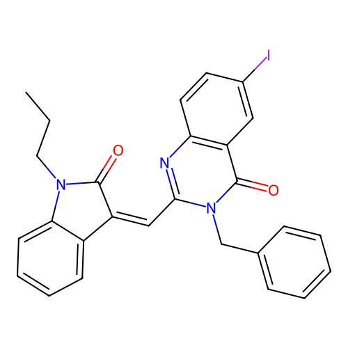 (Z)-3-benzyl-6-iodo-2-((2-oxo-1-propylindolin-3-ylidene)methyl)quinazolin-4(3H)-one structure