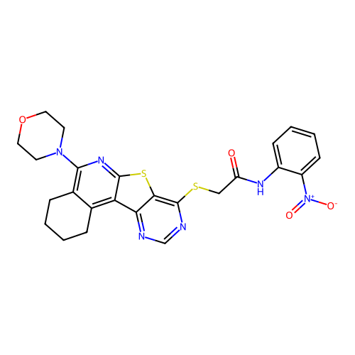 2-((5-morpholino-1,2,3,4-tetrahydropyrimido[4',5':4,5]thieno[2,3-c]isoquinolin-8-yl)thio)-N-(2-nitrophenyl)acetamide structure