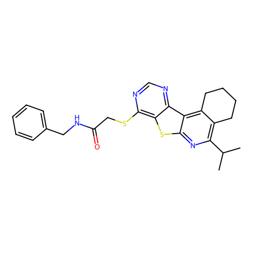 N-benzyl-2-((5-isopropyl-1,2,3,4-tetrahydropyrimido[4',5':4,5]thieno[2,3-c]isoquinolin-8-yl)thio)acetamide structure