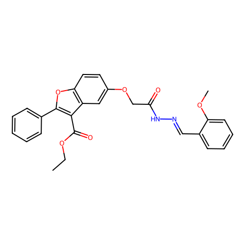 (E)-ethyl 5-(2-(2-(2-methoxybenzylidene)hydrazinyl)-2-oxoethoxy)-2-phenylbenzofuran-3-carboxylate structure