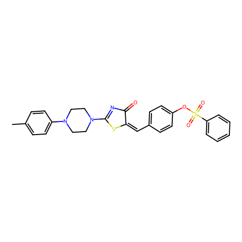 (E)-4-((4-oxo-2-(4-(p-tolyl)piperazin-1-yl)thiazol-5(4H)-ylidene)methyl)phenyl benzenesulfonate structure