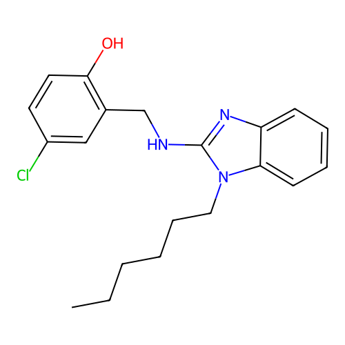 4-chloro-2-{[(1-hexyl-1H-benzimidazol-2-yl)amino]methyl}phenol structure