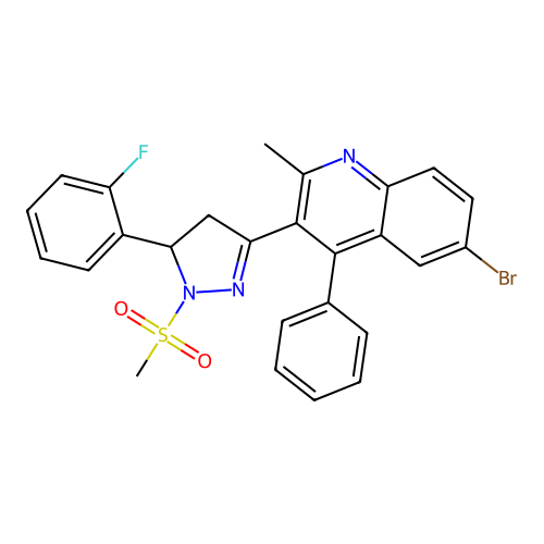 6-bromo-3-(5-(2-fluorophenyl)-1-(methylsulfonyl)-4,5-dihydro-1H-pyrazol-3-yl)-2-methyl-4-phenylquinoline structure