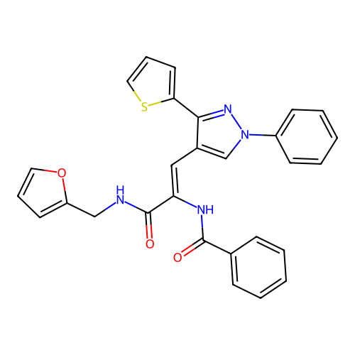 N-{(1Z)-3-[(furan-2-ylmethyl)amino]-3-oxo-1-[1-phenyl-3-(thiophen-2-yl)-1H-pyrazol-4-yl]prop-1-en-2-yl}benzamide structure