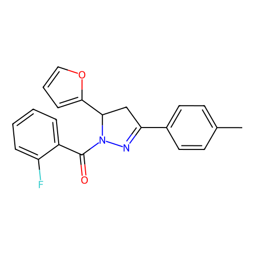 (2-fluorophenyl)(5-(furan-2-yl)-3-(p-tolyl)-4,5-dihydro-1H-pyrazol-1-yl)methanone structure