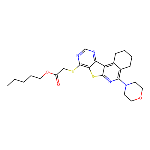 pentyl {[5-(morpholin-4-yl)-1,2,3,4-tetrahydropyrimido[4',5':4,5]thieno[2,3-c]isoquinolin-8-yl]sulfanyl}acetate structure