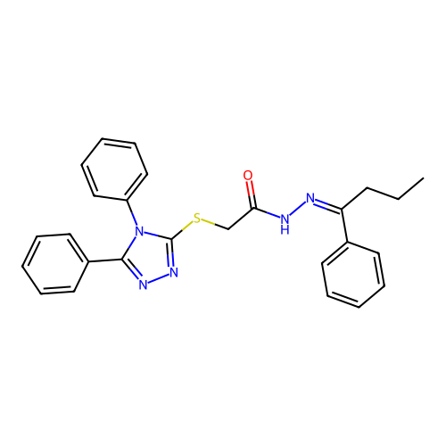 (Z)-2-((4,5-diphenyl-4H-1,2,4-triazol-3-yl)thio)-N'-(1-phenylbutylidene)acetohydrazide structure