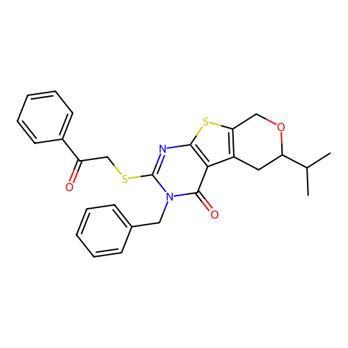 3-benzyl-2-[(2-oxo-2-phenylethyl)sulfanyl]-6-(propan-2-yl)-3,5,6,8-tetrahydro-4H-pyrano[4',3':4,5]thieno[2,3-d]pyrimidin-4-one structure