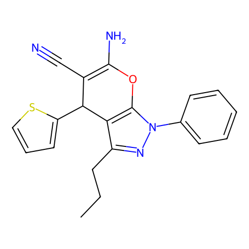 6-amino-1-phenyl-3-propyl-4-(thiophen-2-yl)-1,4-dihydropyrano[2,3-c]pyrazole-5-carbonitrile structure