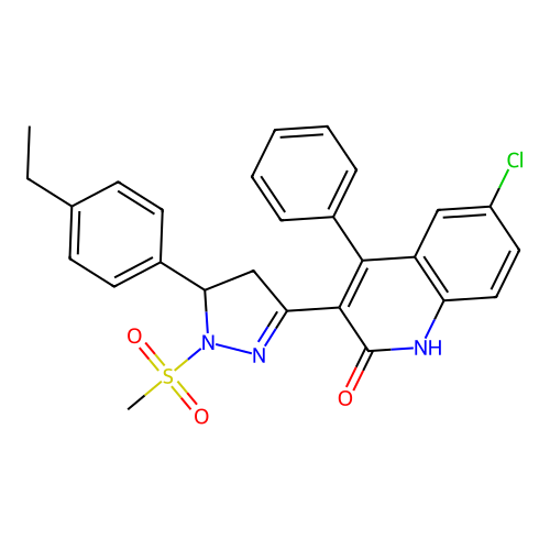 6-chloro-3-(5-(4-ethylphenyl)-1-(methylsulfonyl)-4,5-dihydro-1H-pyrazol-3-yl)-4-phenylquinolin-2(1H)-one structure