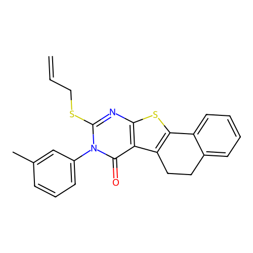 8-(3-methylphenyl)-9-(prop-2-en-1-ylsulfanyl)-5,8-dihydronaphtho[2',1':4,5]thieno[2,3-d]pyrimidin-7(6H)-one structure