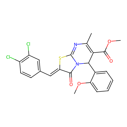 methyl (2Z)-2-(3,4-dichlorobenzylidene)-5-(2-methoxyphenyl)-7-methyl-3-oxo-2,3-dihydro-5H-[1,3]thiazolo[3,2-a]pyrimidine-6-carboxylate structure