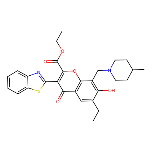 3-Benzothiazol-2-yl-6-ethyl-7-hydroxy-8-(4-methyl-piperidin-1-ylmethyl)-4-oxo-4H-chromene-2-carboxylic acid ethyl ester structure
