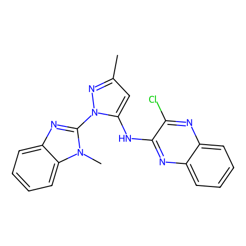 3-chloro-N-[3-methyl-1-(1-methyl-1H-benzimidazol-2-yl)-1H-pyrazol-5-yl]quinoxalin-2-amine structure