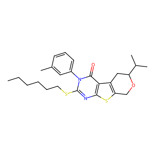 2-(hexylsulfanyl)-3-(3-methylphenyl)-6-(propan-2-yl)-3,5,6,8-tetrahydro-4H-pyrano[4',3':4,5]thieno[2,3-d]pyrimidin-4-one structure