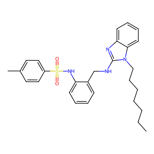 N-(2-(((1-heptyl-1H-benzo[d]imidazol-2-yl)amino)methyl)phenyl)-4-methylbenzenesulfonamide structure