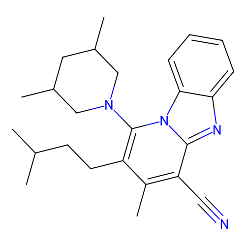 1-(3,5-dimethylpiperidin-1-yl)-3-methyl-2-(3-methylbutyl)pyrido[1,2-a]benzimidazole-4-carbonitrile structure