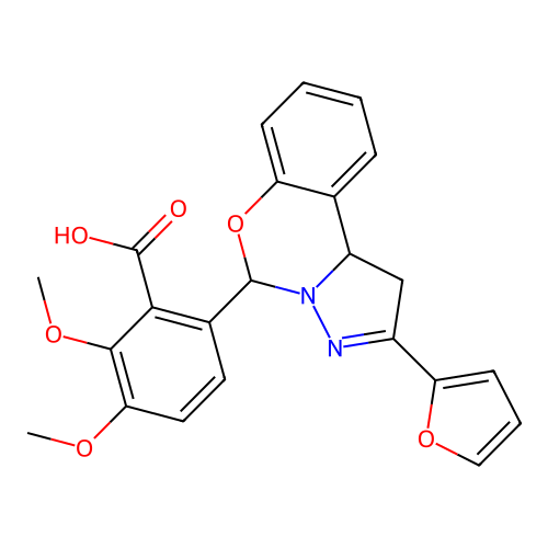 6-(2-(furan-2-yl)-5,10b-dihydro-1H-benzo[e]pyrazolo[1,5-c][1,3]oxazin-5-yl)-2,3-dimethoxybenzoic acid structure