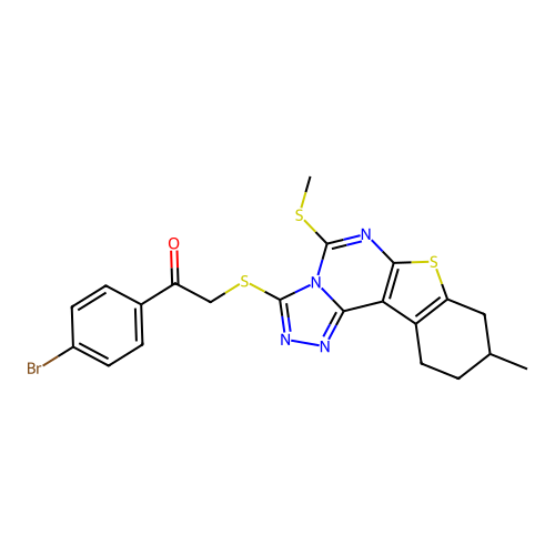 1-(4-bromophenyl)-2-((9-methyl-5-(methylthio)-8,9,10,11-tetrahydrobenzo[4,5]thieno[3,2-e][1,2,4]triazolo[4,3-c]pyrimidin-3-yl)thio)ethanone structure