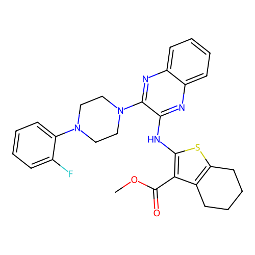 methyl 2-((3-(4-(2-fluorophenyl)piperazin-1-yl)quinoxalin-2-yl)amino)-4,5,6,7-tetrahydrobenzo[b]thiophene-3-carboxylate structure