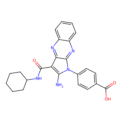 4-(2-amino-3-(cyclohexylcarbamoyl)-1H-pyrrolo[2,3-b]quinoxalin-1-yl)benzoic acid structure