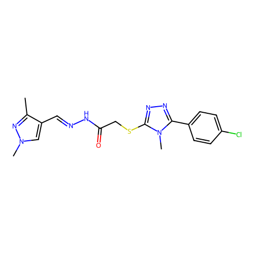 (E)-2-((5-(4-chlorophenyl)-4-methyl-4H-1,2,4-triazol-3-yl)thio)-N'-((1,3-dimethyl-1H-pyrazol-4-yl)methylene)acetohydrazide structure
