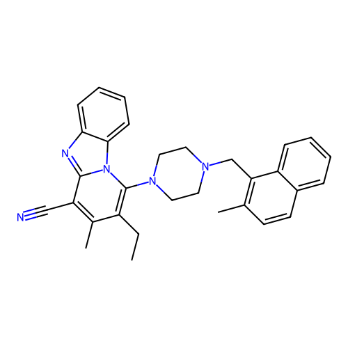 2-ethyl-3-methyl-1-(4-((2-methylnaphthalen-1-yl)methyl)piperazin-1-yl)benzo[4,5]imidazo[1,2-a]pyridine-4-carbonitrile structure