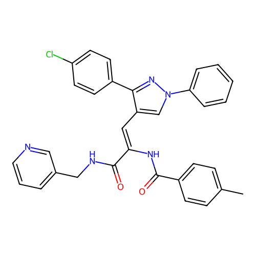 N-{(1Z)-1-[3-(4-chlorophenyl)-1-phenyl-1H-pyrazol-4-yl]-3-oxo-3-[(pyridin-3-ylmethyl)amino]prop-1-en-2-yl}-4-methylbenzamide structure