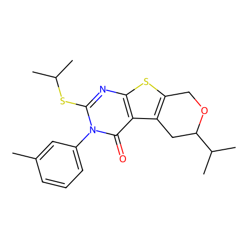3-(3-methylphenyl)-6-(propan-2-yl)-2-(propan-2-ylsulfanyl)-3,5,6,8-tetrahydro-4H-pyrano[4',3':4,5]thieno[2,3-d]pyrimidin-4-one structure