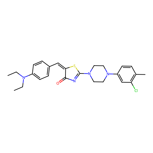 (5E)-2-[4-(3-chloro-4-methylphenyl)piperazin-1-yl]-5-[[4-(diethylamino)phenyl]methylidene]-1,3-thiazol-4-one structure