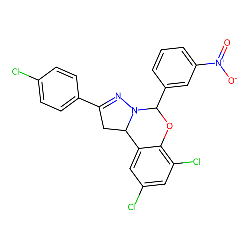7,9-dichloro-2-(4-chlorophenyl)-5-(3-nitrophenyl)-1,10b-dihydropyrazolo[1,5-c][1,3]benzoxazine structure