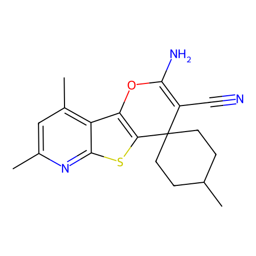 2'-amino-4,7',9'-trimethylspiro[cyclohexane-1,4'-pyrano[2',3':4,5]thieno[2,3-b]pyridine]-3'-carbonitrile structure
