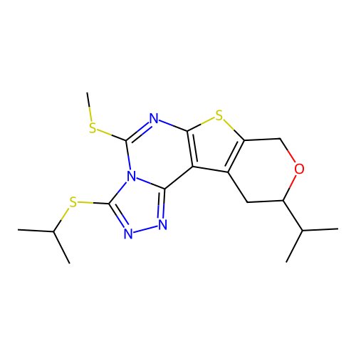 5-(methylsulfanyl)-10-(propan-2-yl)-3-(propan-2-ylsulfanyl)-10,11-dihydro-8H-pyrano[4',3':4,5]thieno[3,2-e][1,2,4]triazolo[4,3-c]pyrimidine structure