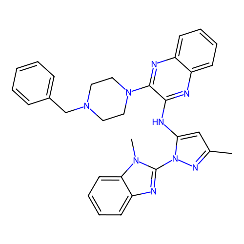 3-(4-benzylpiperazin-1-yl)-N-[3-methyl-1-(1-methyl-1H-benzimidazol-2-yl)-1H-pyrazol-5-yl]quinoxalin-2-amine structure
