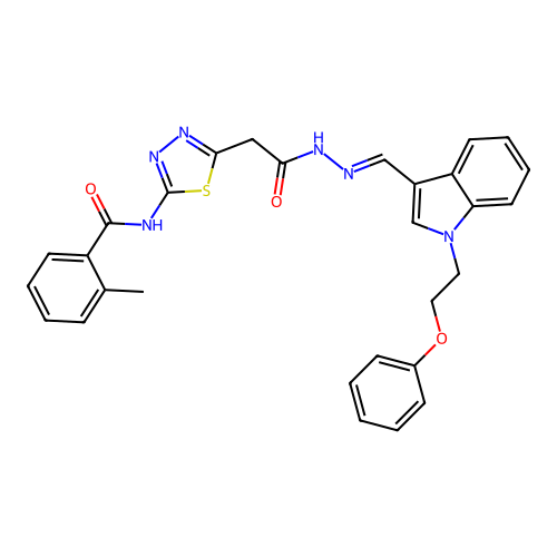 (E)-2-methyl-N-(5-(2-oxo-2-(2-((1-(2-phenoxyethyl)-1H-indol-3-yl)methylene)hydrazinyl)ethyl)-1,3,4-thiadiazol-2-yl)benzamide structure