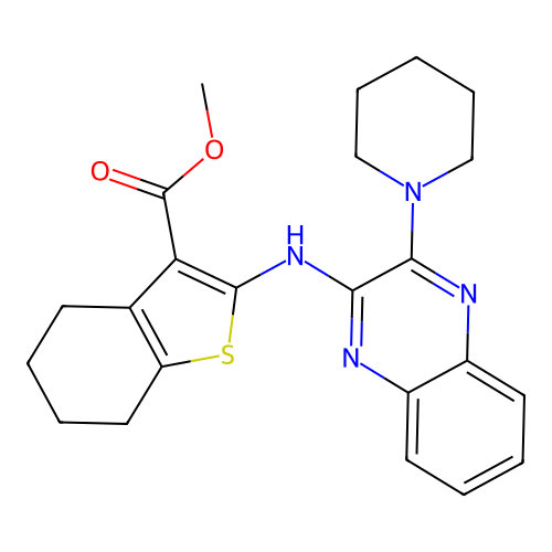methyl 2-((3-(piperidin-1-yl)quinoxalin-2-yl)amino)-4,5,6,7-tetrahydrobenzo[b]thiophene-3-carboxylate structure