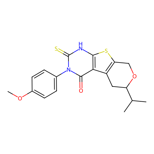 3-(4-methoxyphenyl)-6-(propan-2-yl)-2-thioxo-1,2,3,5,6,8-hexahydro-4H-pyrano[4',3':4,5]thieno[2,3-d]pyrimidin-4-one structure
