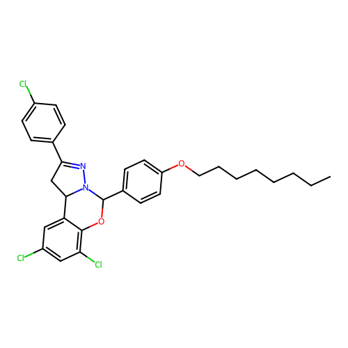 7,9-dichloro-2-(4-chlorophenyl)-5-(4-(octyloxy)phenyl)-5,10b-dihydro-1H-benzo[e]pyrazolo[1,5-c][1,3]oxazine structure