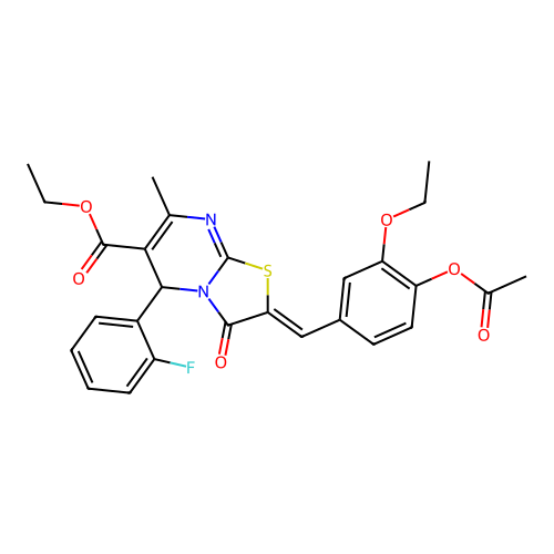 ethyl (2Z)-2-[4-(acetyloxy)-3-ethoxybenzylidene]-5-(2-fluorophenyl)-7-methyl-3-oxo-2,3-dihydro-5H-[1,3]thiazolo[3,2-a]pyrimidine-6-carboxylate structure