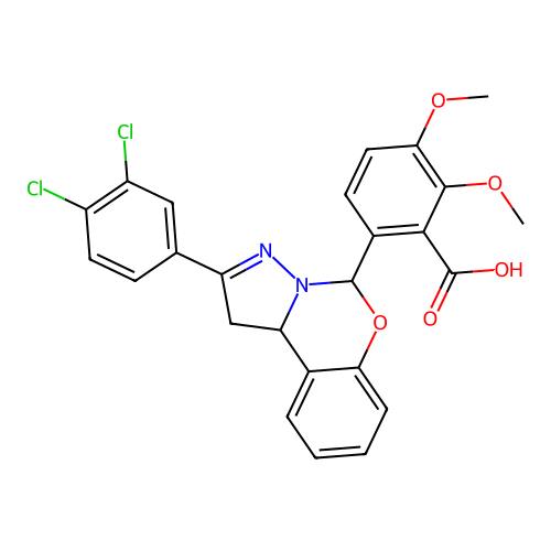 6-[2-(3,4-dichlorophenyl)-1,10b-dihydropyrazolo[1,5-c][1,3]benzoxazin-5-yl]-2,3-dimethoxybenzoic acid structure