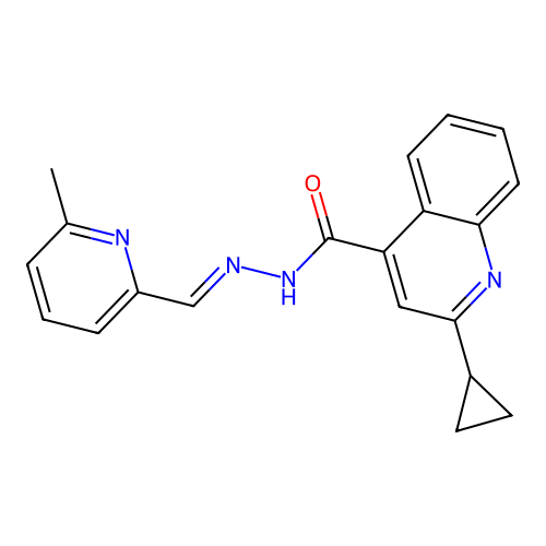 (E)-2-cyclopropyl-N'-((6-methylpyridin-2-yl)methylene)quinoline-4-carbohydrazide structure
