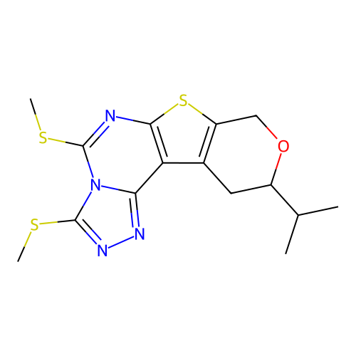 10-isopropyl-3,5-bis(methylthio)-10,11-dihydro-8H-pyrano[4',3':4,5]thieno[3,2-e][1,2,4]triazolo[4,3-c]pyrimidine structure