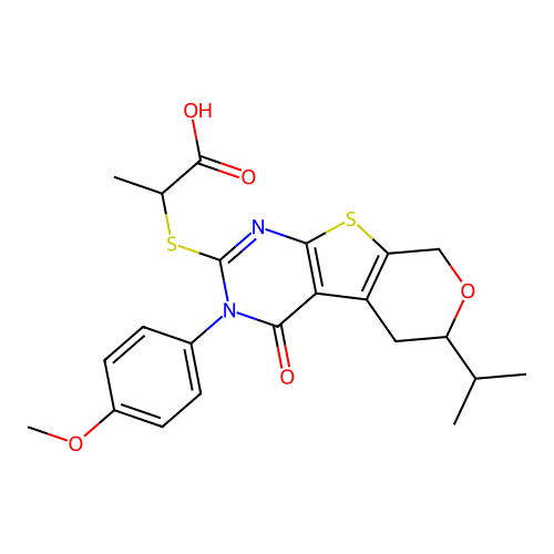 2-((6-isopropyl-3-(4-methoxyphenyl)-4-oxo-4,5,6,8-tetrahydro-3H-pyrano[4',3':4,5]thieno[2,3-d]pyrimidin-2-yl)thio)propanoic acid structure